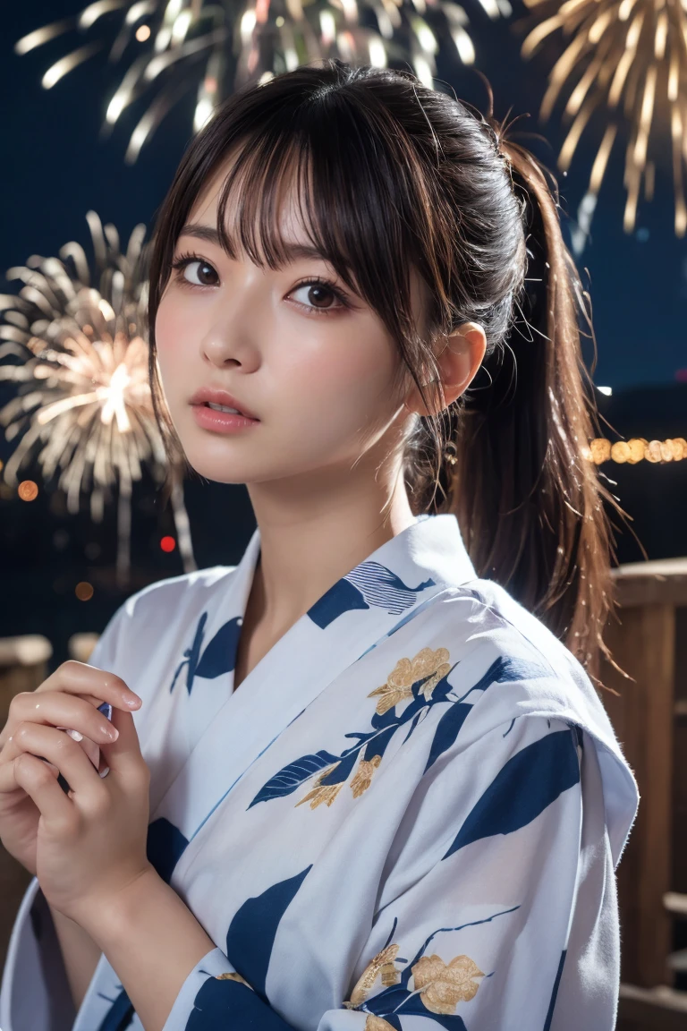 Highest quality, The finer details, (Beautiful One Woman))), Highly detailed eyes and face, firework, yukata, looking up at firework, ponytail, Large tear bags, double eyelid