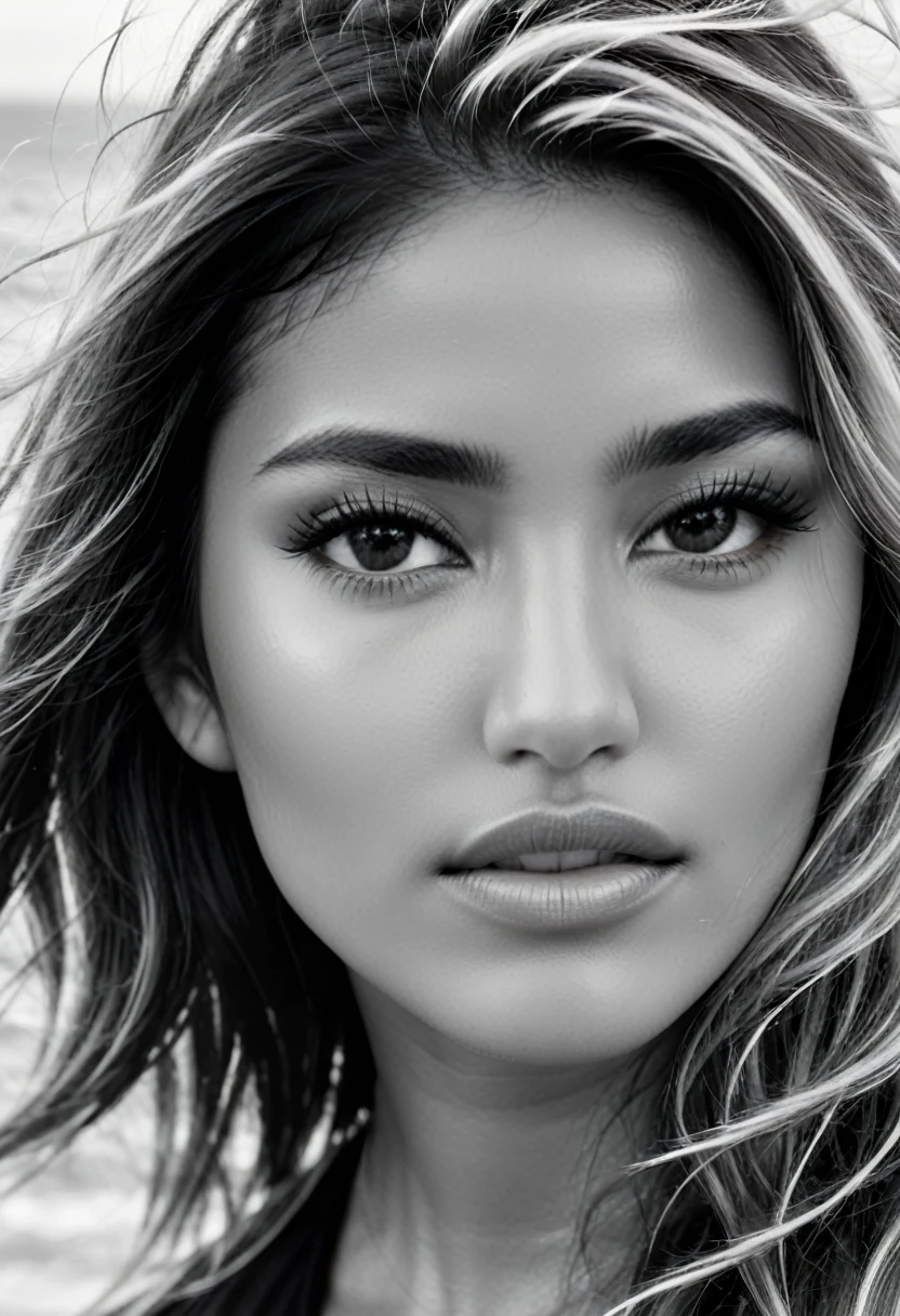 An extreme close up photo of a female Latina model's face. Monochrome grainy image. Outside, coastal setting. Model is windswept, long hair blown about across her face. Dark hair with blonde highlights. Lips slightly parted. Looking direct to the camera. Detailed, high quality image. High contrast image,
