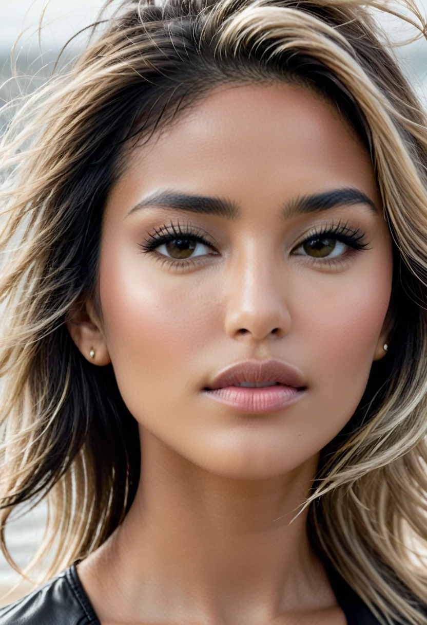 An extreme close up photo of a female Latina model's face. Monochrome grainy image. Outside, coastal setting. Model is windswept, long hair blown about across her face. Dark hair with blonde highlights. Lips slightly parted. Looking direct to the camera. Detailed, high quality image. High contrast image,
