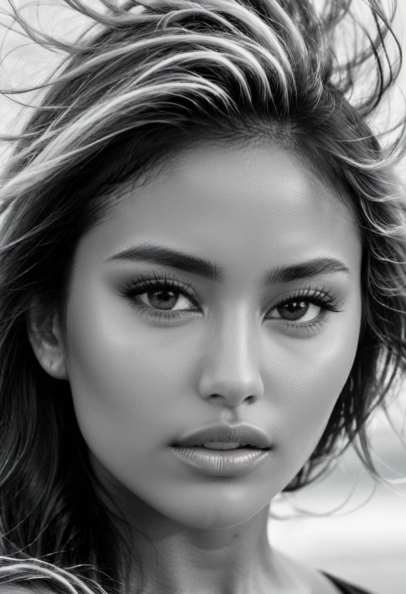 An extreme close up photo of a female Latina model's face. Monochrome grainy image. Outside, coastal setting. Model is windswept, long hair blown about across her face. Dark hair with blonde highlights. Lips slightly parted. Looking direct to the camera. Detailed, high quality image. High contrast image,
