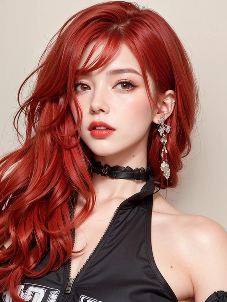 a close up of a woman with red hair and a choke, with long red hair, red wig, red dyed hair, with curly red hair, bright red hair, red long wavy hair, red long hair, very long wavy fiery red hair, wavy vibrant red hair, vibrant red hair, red curled hair, long red hair white streak hair, with red hair