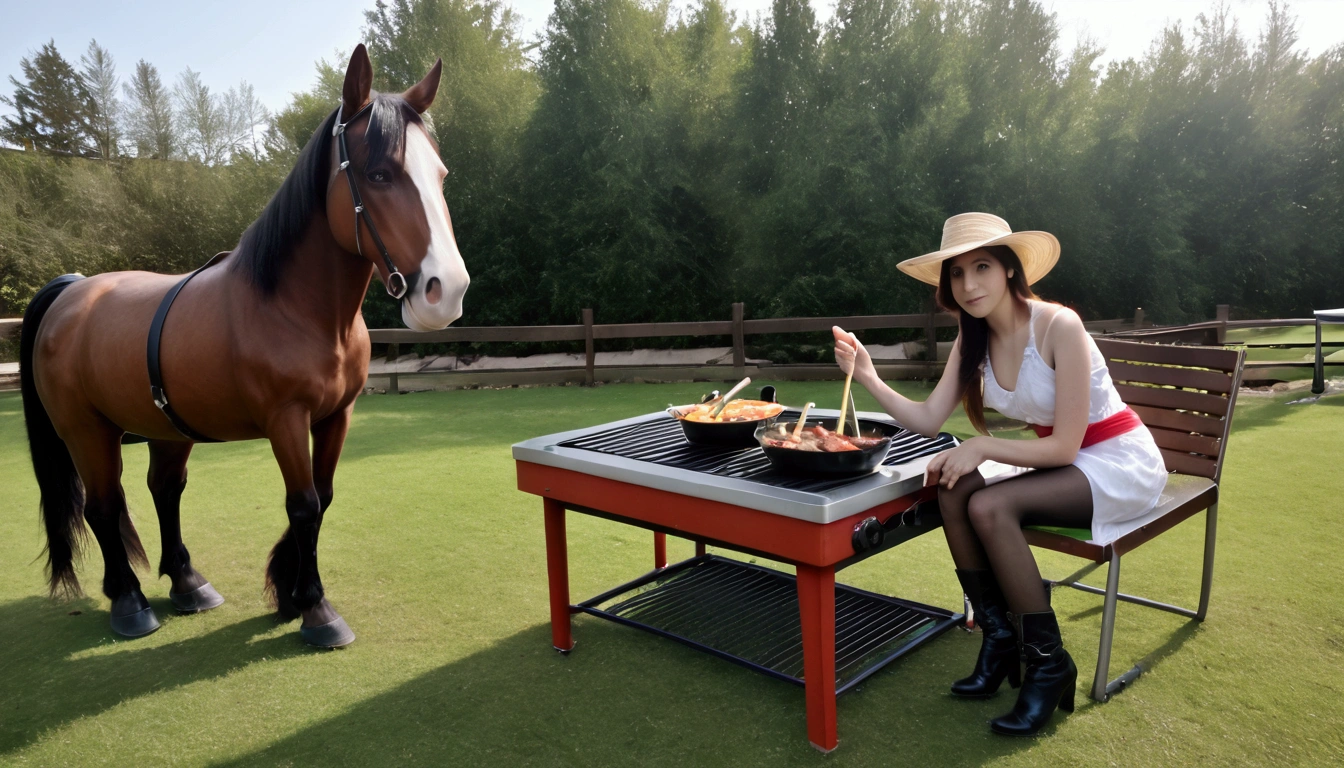 1boy, cowboy, barbecue, grill, dutch oven, hat, boots, horse, outdoor, realistic, hyper-realistic, photorealistic,ultra-detailed,(realistic,photorealistic,photo-realistic:1.37),vivid colors,dramatic lighting,