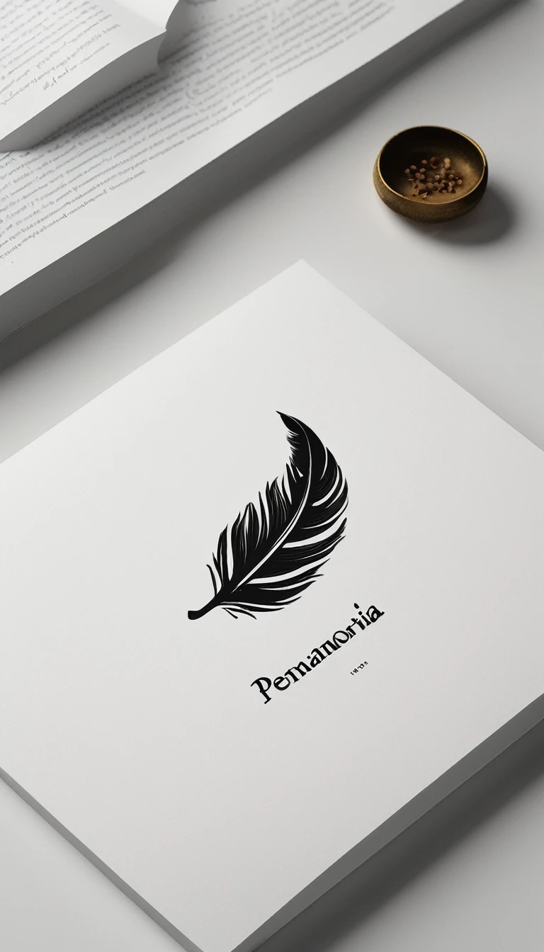 A minimal, modern, simple, cinematic logotype for the brand “Penamemoria". The logotype must be a simple, magical feather. The logo must convey a sense of music, stories and dreams. Logo design impressed on a book cover. Minimalistic logo