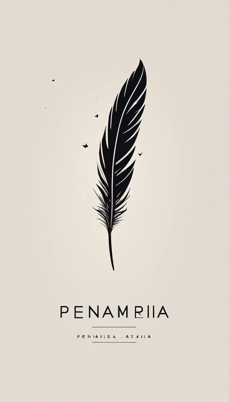 A minimal, modern, simple, cinematic logotype for the brand “Penamemoria". The logotype must be a simple, magical feather. The logo must convey a sense of music, stories and dreams. Logo design impressed on a book cover. Minimalistic logo