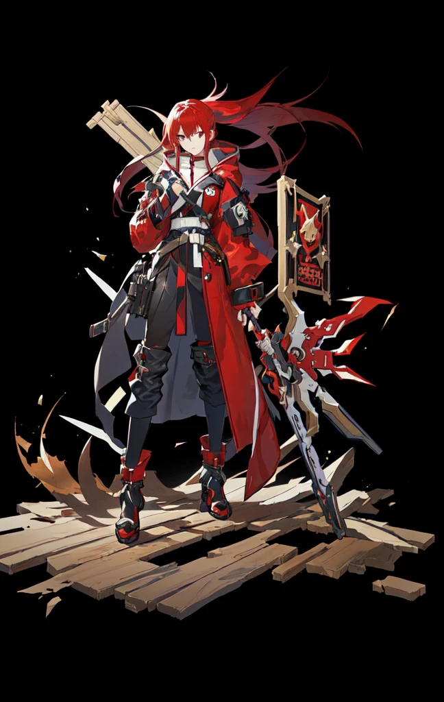Anime characters have red hair,Wearing a red cloak,Holding a sign in hand, guilty gear art style, main character, guys, guilty gear strive splash art, guilty gear art direction, Bad guy anime 8k, 官方Character art, From Girl Front, ( ( Character Concept Art ) ), Official character illustrations, Character art, full character, guilty gear, 2 d cg