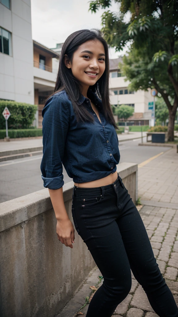 25 years old, girl, blue shirt, black skinny jeans, black hair, indonesian girl, smile, with heel, university, realistic, 8k