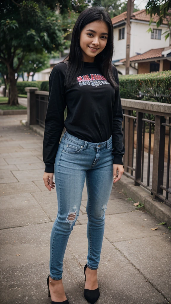 25 years old, girl, blue shirt, black skinny jeans, black hair, indonesian girl, smile, with heel, university, realistic, 8k