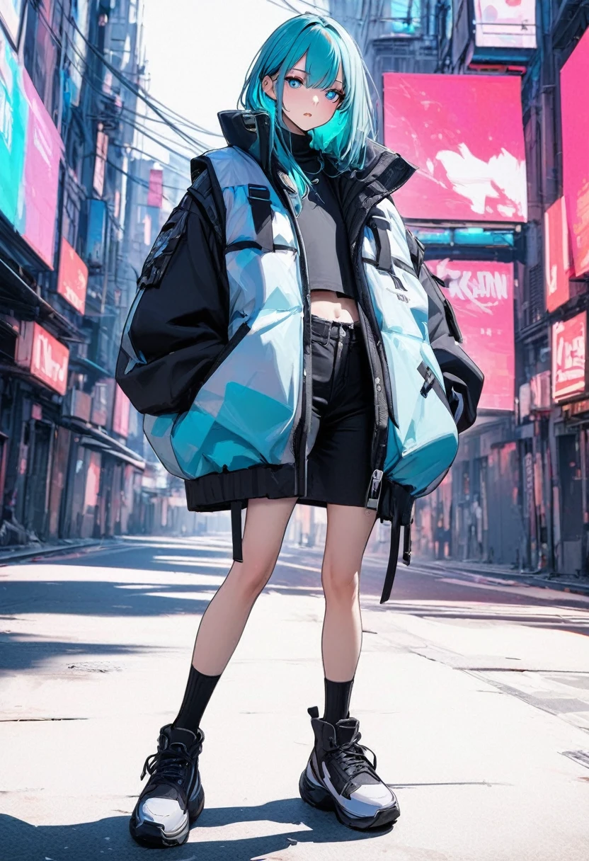 Young girl with cyan hair and cyan eyes Cyberpunk high quality masterpiece long legs full body photo oversized vest