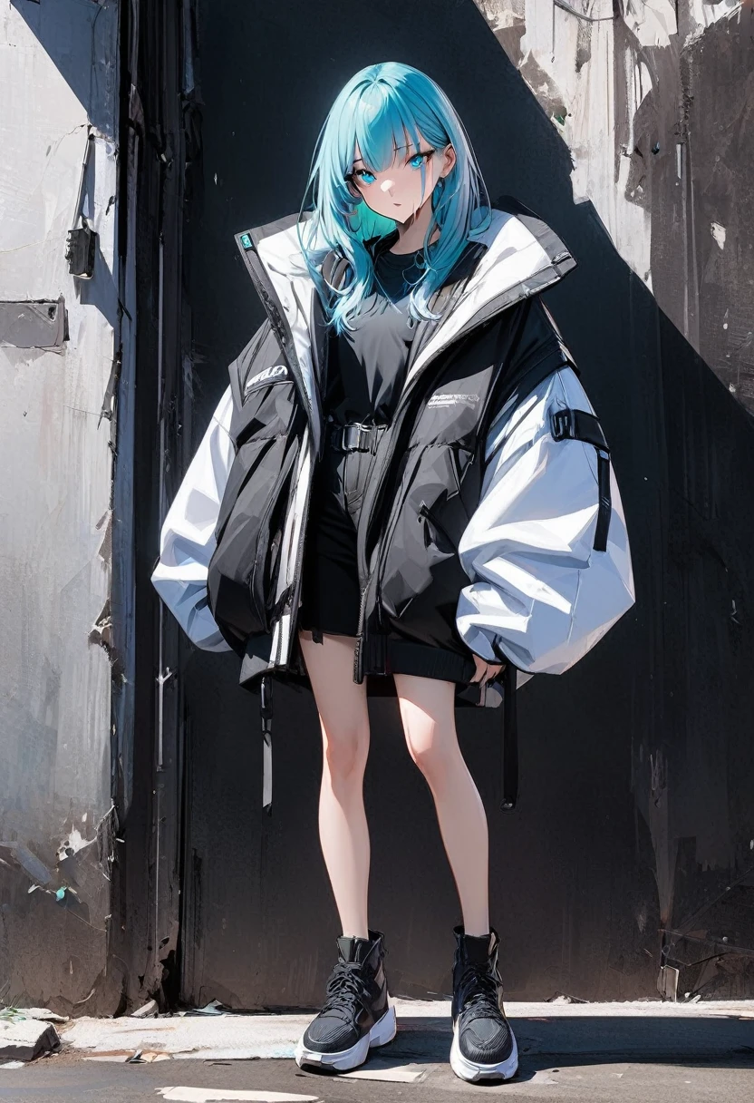 Young girl with cyan hair and cyan eyes Cyberpunk high quality masterpiece long legs full body photo oversized vest