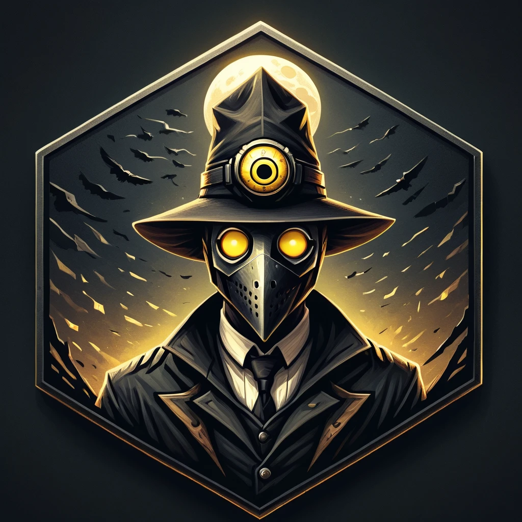 ultra high resolution, detailed, best quality, badgetype,solo badge,counter strike2 type badge,solo,looking at viewer,yellow eyes,1boy,male focus,no humans,mask,glowing,simple background,portrait,straight-on,plague doctor, hat, proportional, noire, full moon in the background