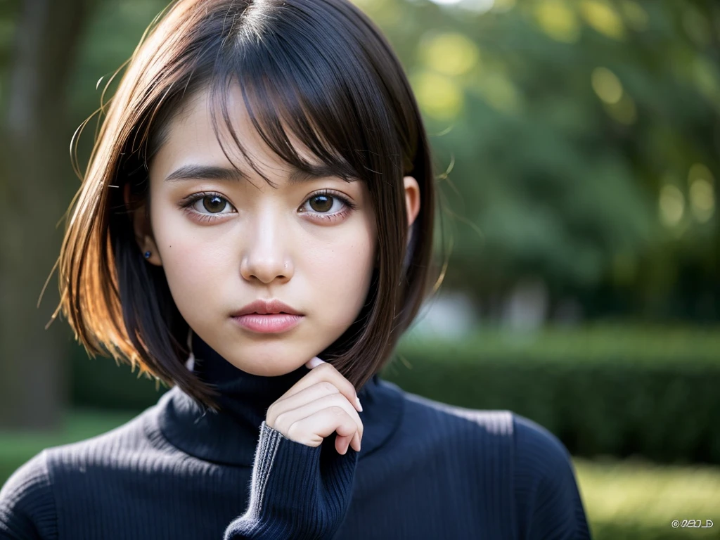 (((masterpiece, best quality,ultra-detailed,8k,high resolution))), (upper body),24 years old ,Japanese girl, 1girl, short hair,(Cover nose with a turtleneck sweater:1.7),grabbing turtleneck collar