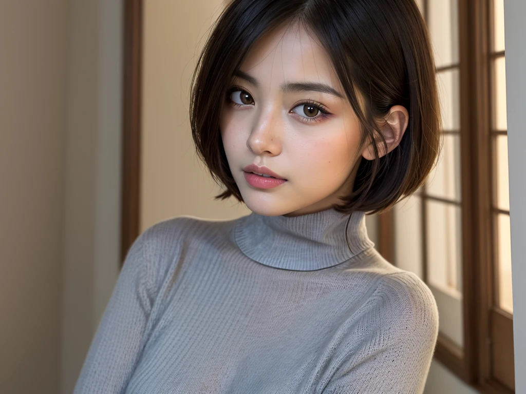 (((masterpiece, best quality,ultra-detailed,8k,high resolution))), (upper body),24 years old ,Japanese girl, 1girl, short hair,(Cover nose with a turtleneck sweater:1.7),grabbing turtleneck collar
