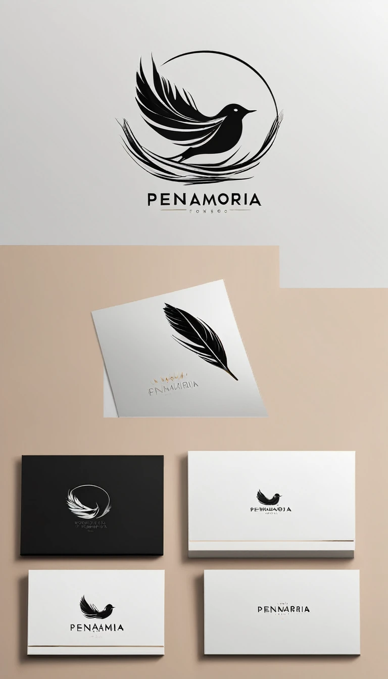 A minimal, modern, simple, cinematic logo design for the brand “Penamemoria". Create a modern, minimalistic, high-quality, logo of a feather-bird