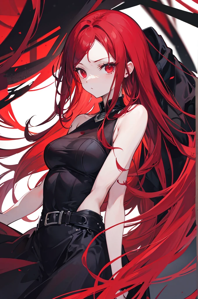 red forehead hair, red eyes, black dress, forehead