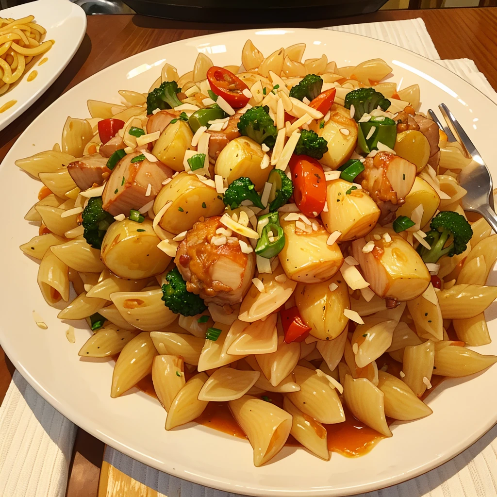 Plate of fooe, pasta with boiled potatoes and juicy seasoned vegetables