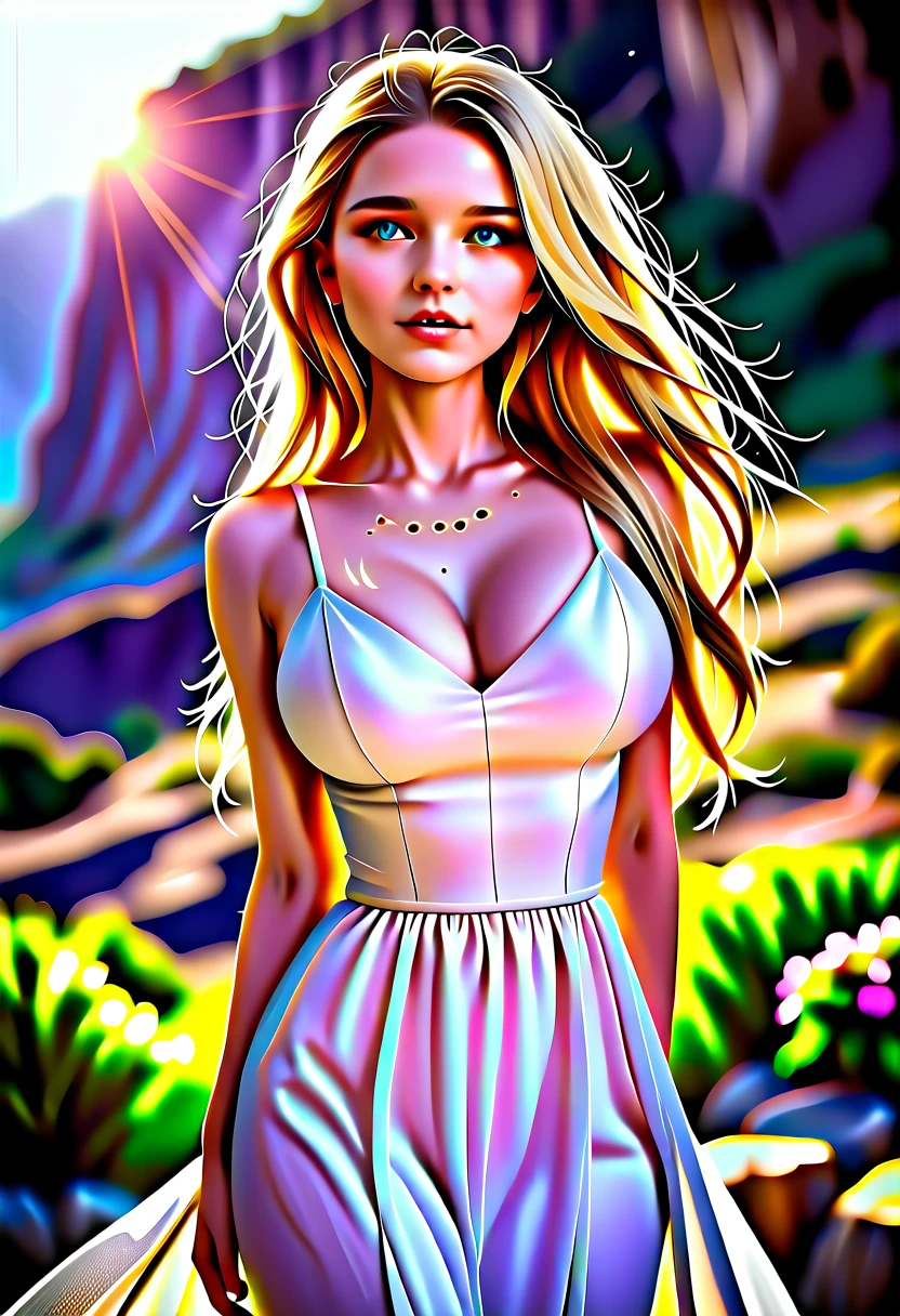 score_9, score_8_top, score_7_top, score_6_top, score_5_top, score_4_top, a beautiful woman, goddess of love, beauty and sexuality, flowing pure white dress, lush and beautifully detailed flowing golden hair, serene detailed blue eyes, porcelain white skin, ideal figure, big breasts, slim waist, big butt, ornate jewelry, ethereal glowing aura, serene expression, romantic landscape, rolling hills, blooming flowers, warm sunlight, (best quality,4k,8k,highres,masterpiece:1.2),ultra-detailed,(realistic,photorealistic,photo-realistic:1.37),hyperrealistic,dramatic lighting,cinematic composition,dreamlike atmosphere,vibrant colors,intricate details