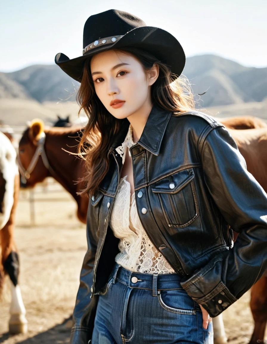 digital portrait, realistic depiction of the , RAW photo, one weasten cow girl, gentle gray eyes, plump lips, An ennui look, huge firm bouncing busts, Long brown hair, horse riding, (((Cowboy hat, Black leather jacket, Lace shirt, Jeans short pants, Leather cowboy boots)))、highest quality, super resolution, master piece:1.5, medium depth of field, 50ｍｍlens, cinematic lighting, Backlight, professional photographer, vast ranch, Sunset, sunset, Herd of cows, Riding his beloved horse to herd cattle
