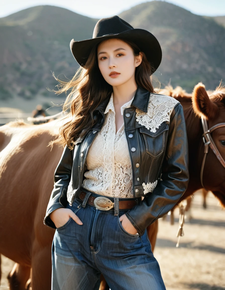 digital portrait, realistic depiction of the human body, RAW photo, one weasten cow girl, gentle gray eyes, plump lips, An ennui look, huge firm bouncing busts, Long brown hair, horse riding, (((Cowboy hat, Black leather jacket, Lace shirt, Jeans short pants, Leather cowboy boots)))、highest quality, super resolution, master piece:1.5, medium depth of field, 50mmlens, cinematic lighting, Backlight, professional photographer, vast ranch, Sunset, sunset, Herd of cows, Riding his beloved horse to herd cattle
