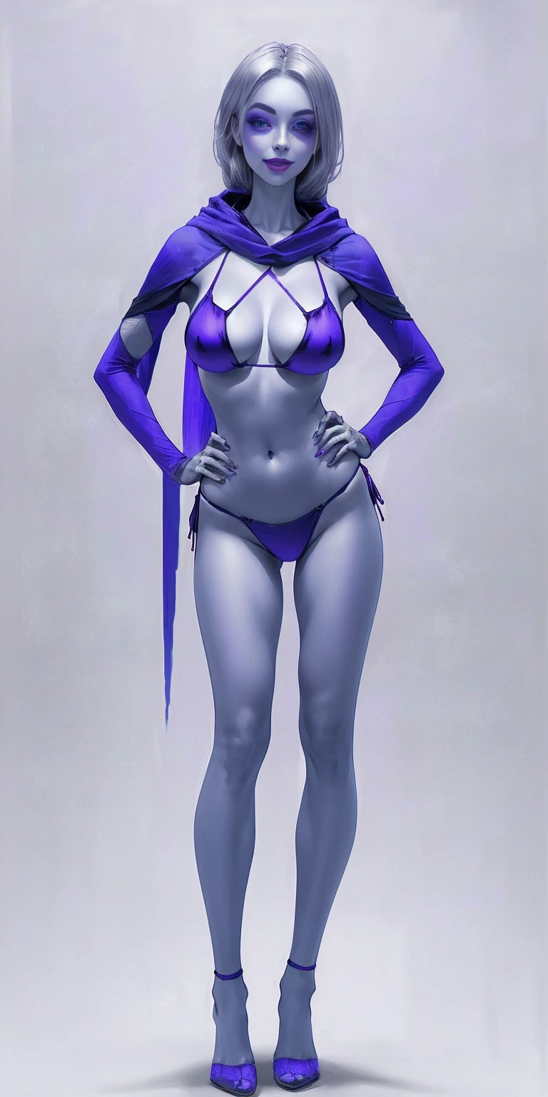 (1solofemale full body purple bikini standing straight symmetrical, hands on hips) (smile purple makeup) grayscale skin, pale hair and violet eyes. She prefer clothing of white and silver with cloaks of deep blue or purple, blue or purple background (Masterpiece, highres, 4k, very precise detailed)