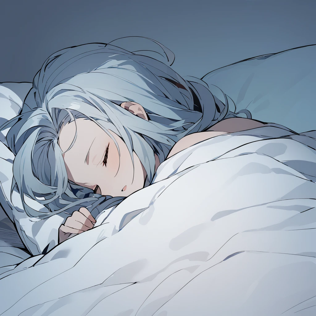 she is sleeping in her bed without sheets, she sleeps on her side