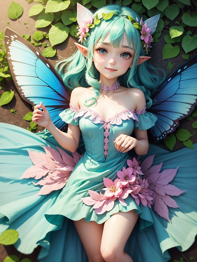 cute little Fairy, blue butterfly, lightgreen hair, pink eyes,  dress pointy ears dress made of petals leaves Leaning forward Leaf fairy Dress made of leaves Leaf Flower Flower crown Thin wings Smiling gently Large leaf