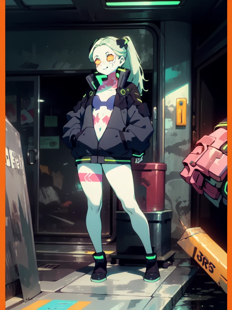 Trash cans and garbage dumps, Blush sticker,sticker1girl, solo, full body, standing,mini bikini,smile,rebecca, yellow eye, mechanical eye, red sclera, leg tattoo, colored skin, tattoo, petite, navel, green hair, neck tattoo, small breasts, long hair, stomach tattoo, cyberpunk,