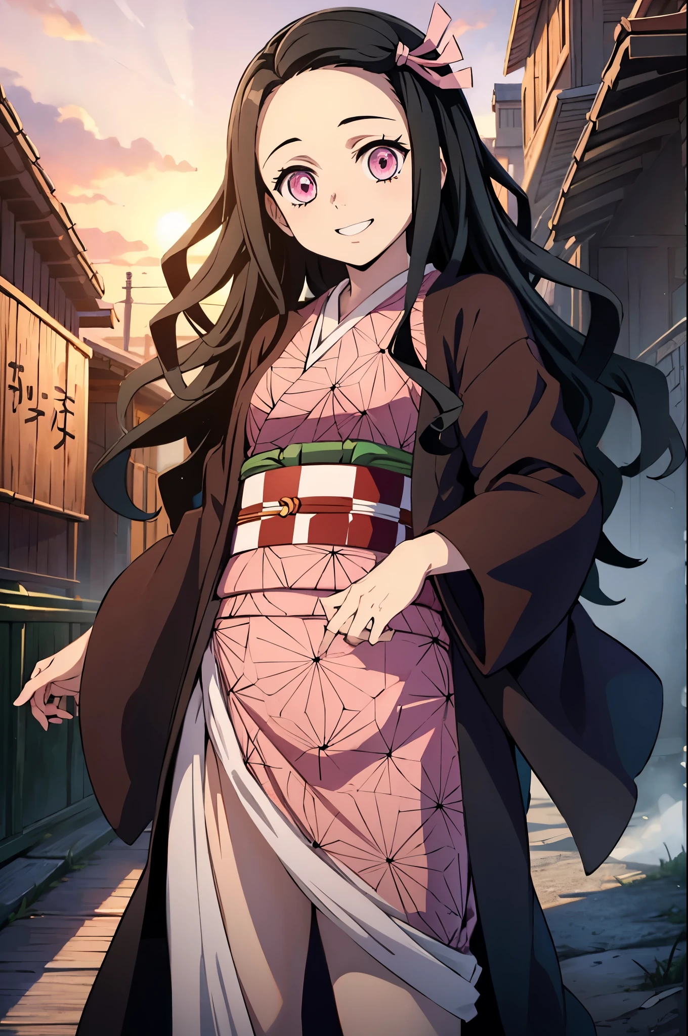 (masterpiece:1.3), (best quality:1.1), (8k, ultra detailed, ultra high res:1.2), ((anime style)), detail perfect 5 fingers, perfect anatomy,
1girl,
Kamado Nezuko,
BREAK long hair, wavy hair, forehead
black hair,
pink eyes,
ribbon,
small breasts,
BREAK japanese clothes, pink kimono, brown haori, obi,
smile, (dynamic pose:1.2), (jumping:1.2),
looking at viewer,
cowboy shot,
BREAK age of Edo, city, village, outdoor,