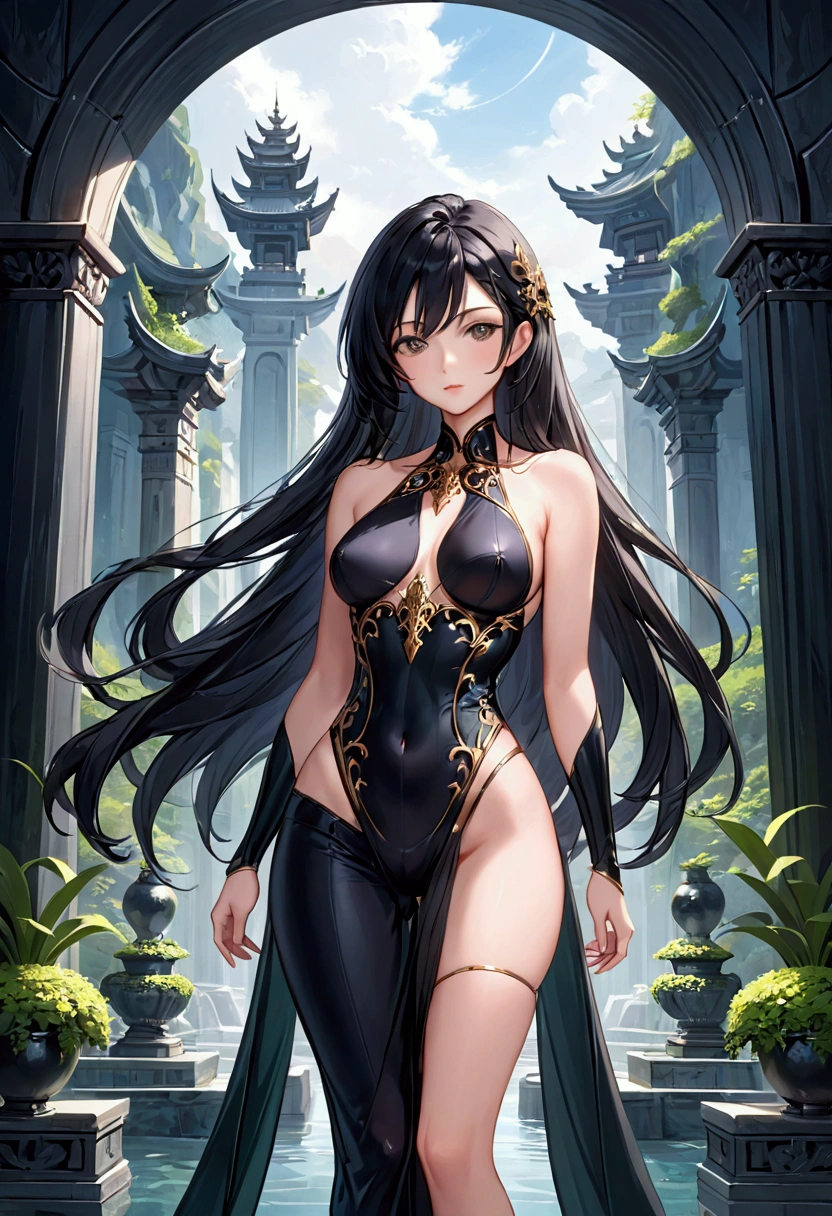 Mature Girl with long dark onyx hair, dark onyx eyes,tall rectangular body figure, skimpy outfit