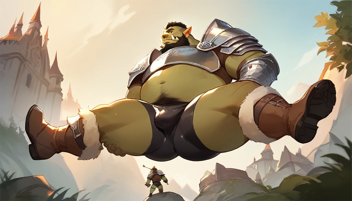 score_9, score_8_up, score_7_up, solo, male focus, chubby male, orc, green skin, tusks, beard, outdoors, armor , shoulder armor, breastplate, day, boots armor , (( black micro tight shorts )) , ass , full body , laying spread legs , low-angle
