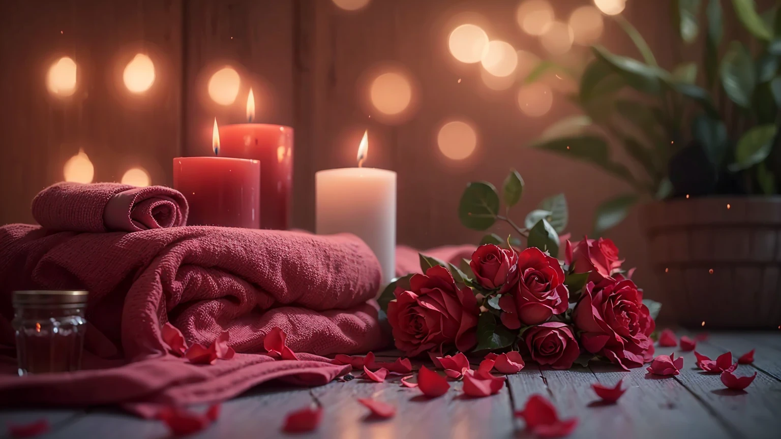 A red rose and a candle are placed on the table, along with a candle and a towel, romantic atmosphere, romantic ambiente, romantic mood, romantic themed, Beautiful atmosphere, Beautiful atmosphere, Unreal Engine ; romantic theme, Relaxed atmosphere, 8k Sensual Lighting, Red and Cinematic Lighting, dreamy and romantic, Night atmosphere, relaxed mood, romantic!!!, Roses in the Light of the Movie, Cozy candlelight、8K