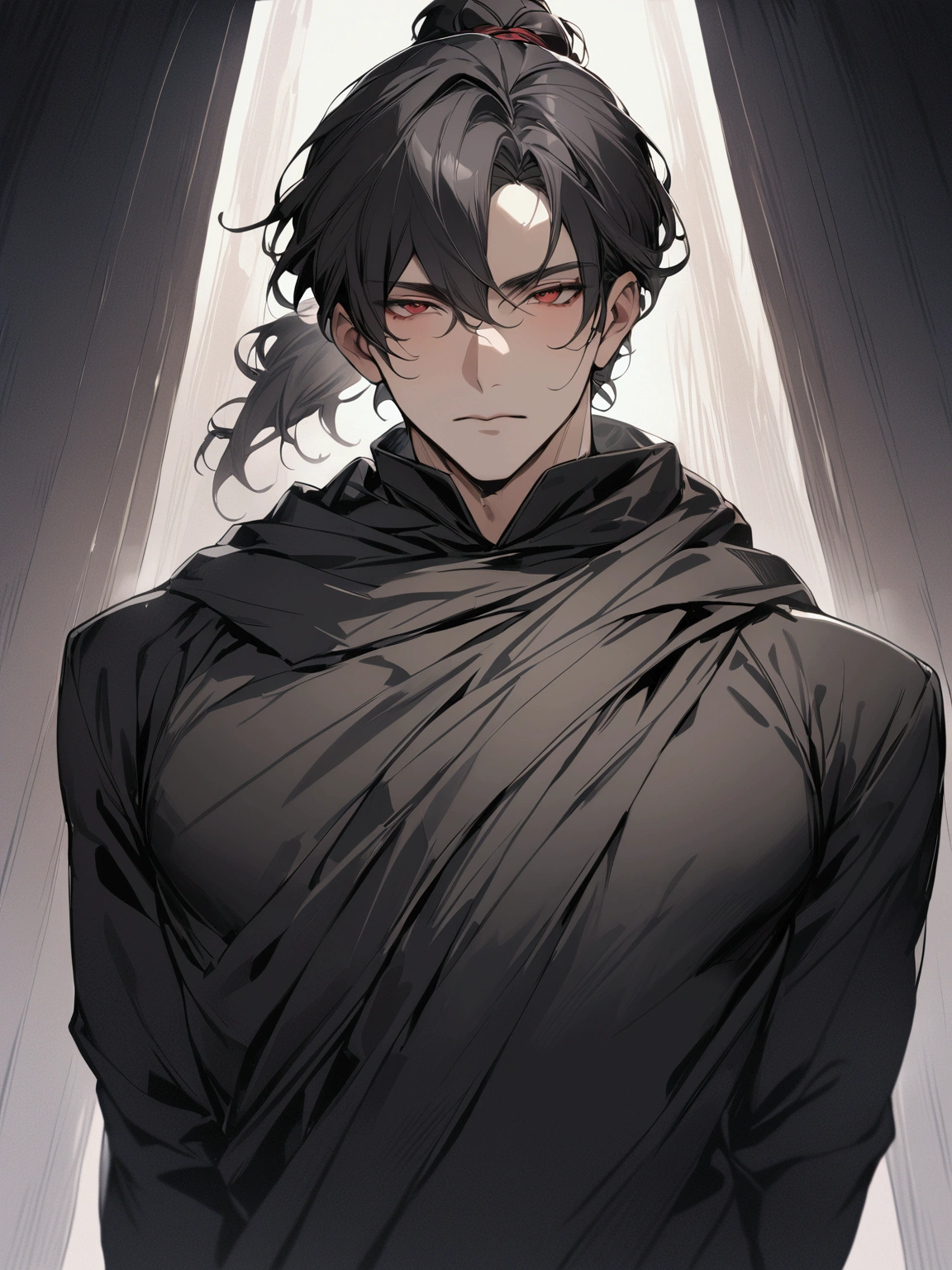 ((masterpiece)), ((best quality)), (close-up:1.2), (from front:1.36), (half-body shot:1.4), 1man, adult male, mature male, solo, ponytail tied long black hair, red eyes, plain royal black cloak covering the body, looking at viewers