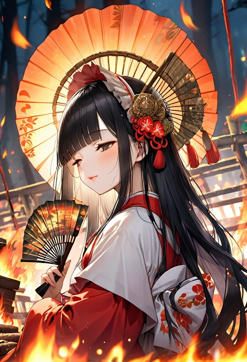 (profile, panoramic, beautiful style), (solo:2, 15 yo), (beautiful blunt bangs:1.3) (beautiful detailed black hair, long hair) (shrine maiden sexy girl, sexy closed eyes, glossy lip), hand holding detailed biggest Folding fan with double exposure:1.3 green), break, in the night fire festival scaffold, BREAK, perfect ???????, masterpiece, best quality, 16k, beautiful detailed campfire, daydreaming expression.