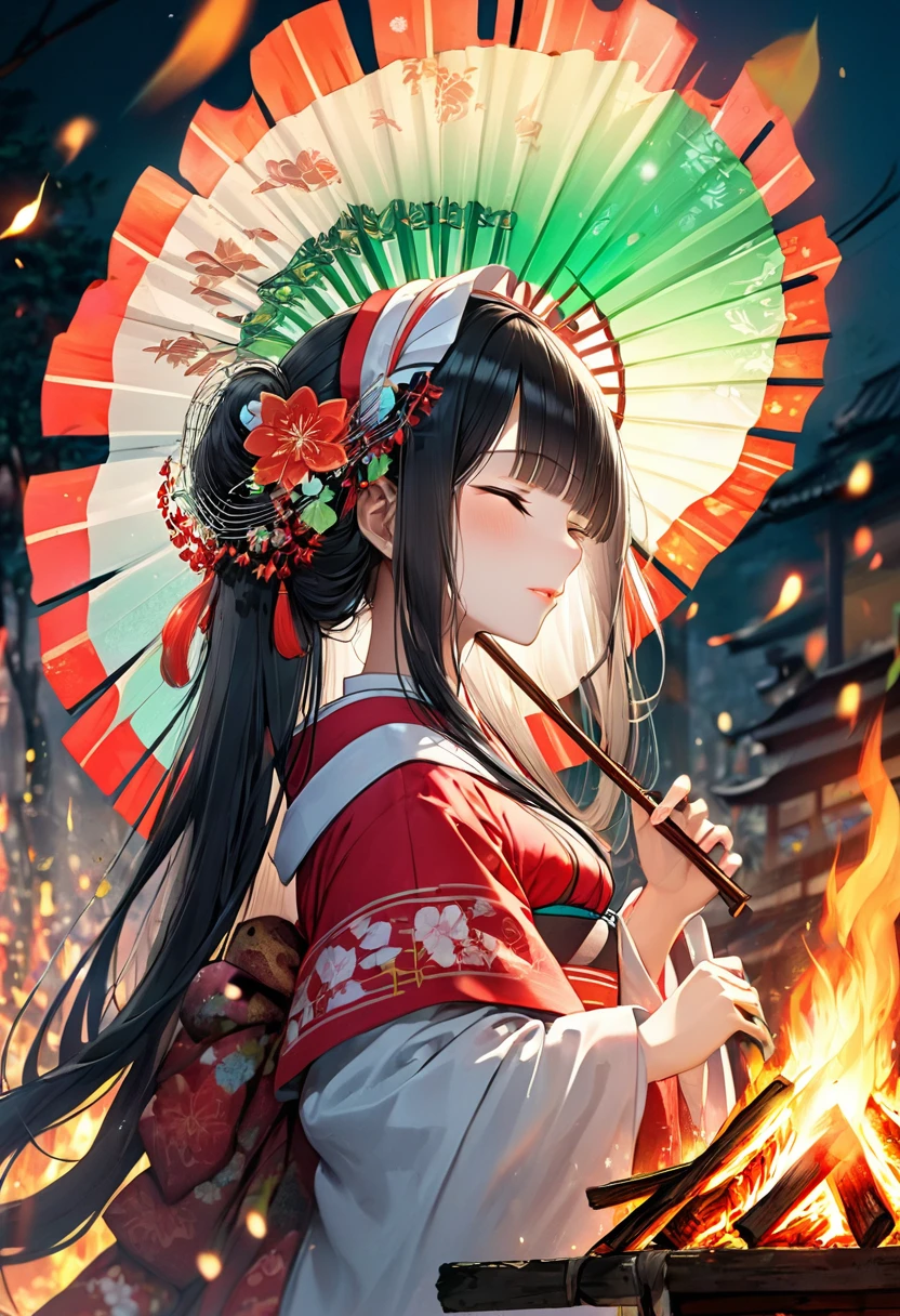 (profile, panoramic, beautiful style), (solo:2, 15 yo), (beautiful blunt bangs:1.3) (beautiful detailed black hair, long hair) (shrine maiden sexy girl, sexy closed eyes, glossy lip), hand holding detailed biggest Folding fan with double exposure:1.3 green), break, in the night fire festival scaffold, BREAK, perfect anatomy, masterpiece, best quality, 16k, beautiful detailed campfire, daydreaming expression.