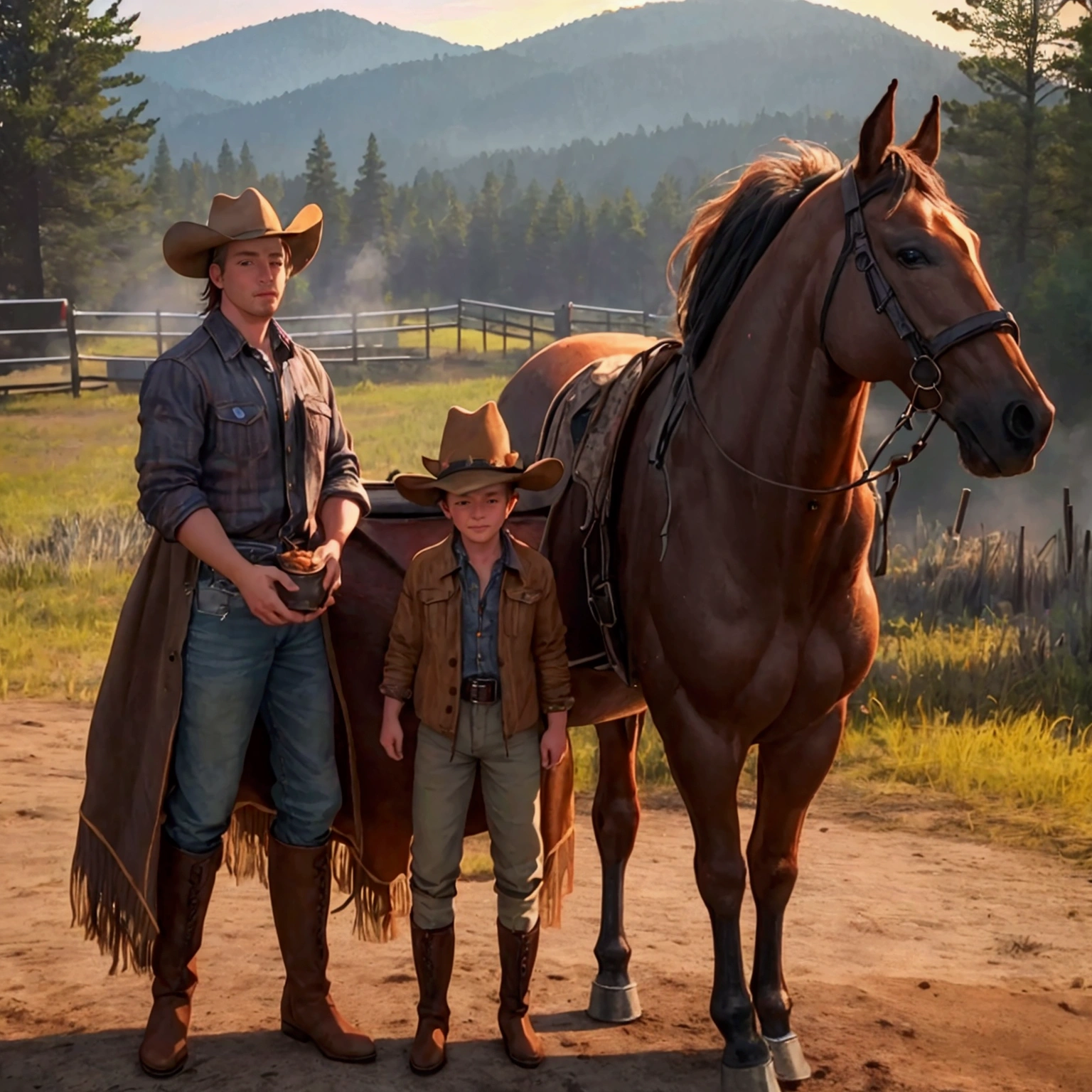 1boy, cowboy, barbecue, grill, dutch oven, hat, boots, horse, outdoor, realistic, hyper-realistic, photorealistic,ultra-detailed,(realistic,photorealistic,photo-realistic:1.37),vivid colors,dramatic lighting,
