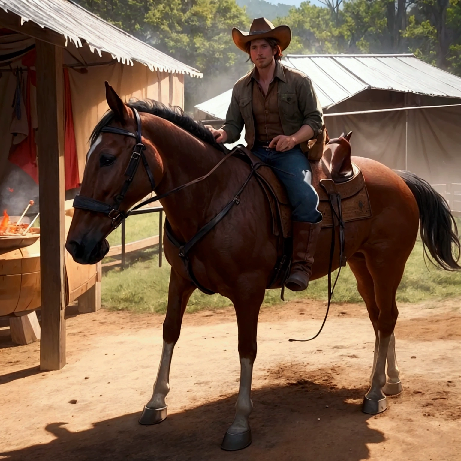 1boy, cowboy, barbecue, grill, dutch oven, hat, boots, horse, outdoor, realistic, hyper-realistic, photorealistic,ultra-detailed,(realistic,photorealistic,photo-realistic:1.37),vivid colors,dramatic lighting,