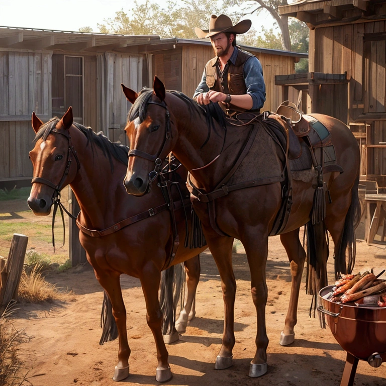 1boy, cowboy, barbecue, grill, dutch oven, hat, boots, horse, outdoor, realistic, hyper-realistic, photorealistic,ultra-detailed,(realistic,photorealistic,photo-realistic:1.37),vivid colors,dramatic lighting,