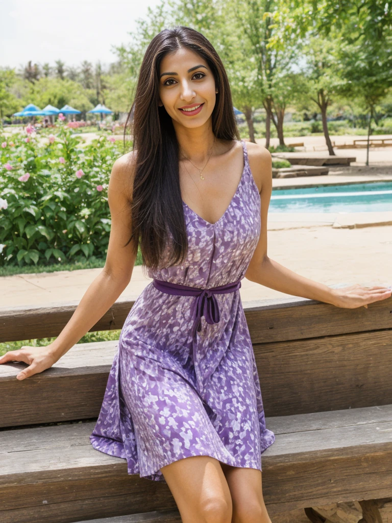 Rania, 1girl, solo, ((Egyptian woman)), consistent face and body, ((MILF)), ((30 years old)), (mature), ((slim)), ((Egyptian face)), (Egyptian nose), (Egyptian lips), ((long straight hair)), upper body and upper legs, (background: Waterpark), BREAK, (wearing light-purple printed spring dress), smirking, teasing