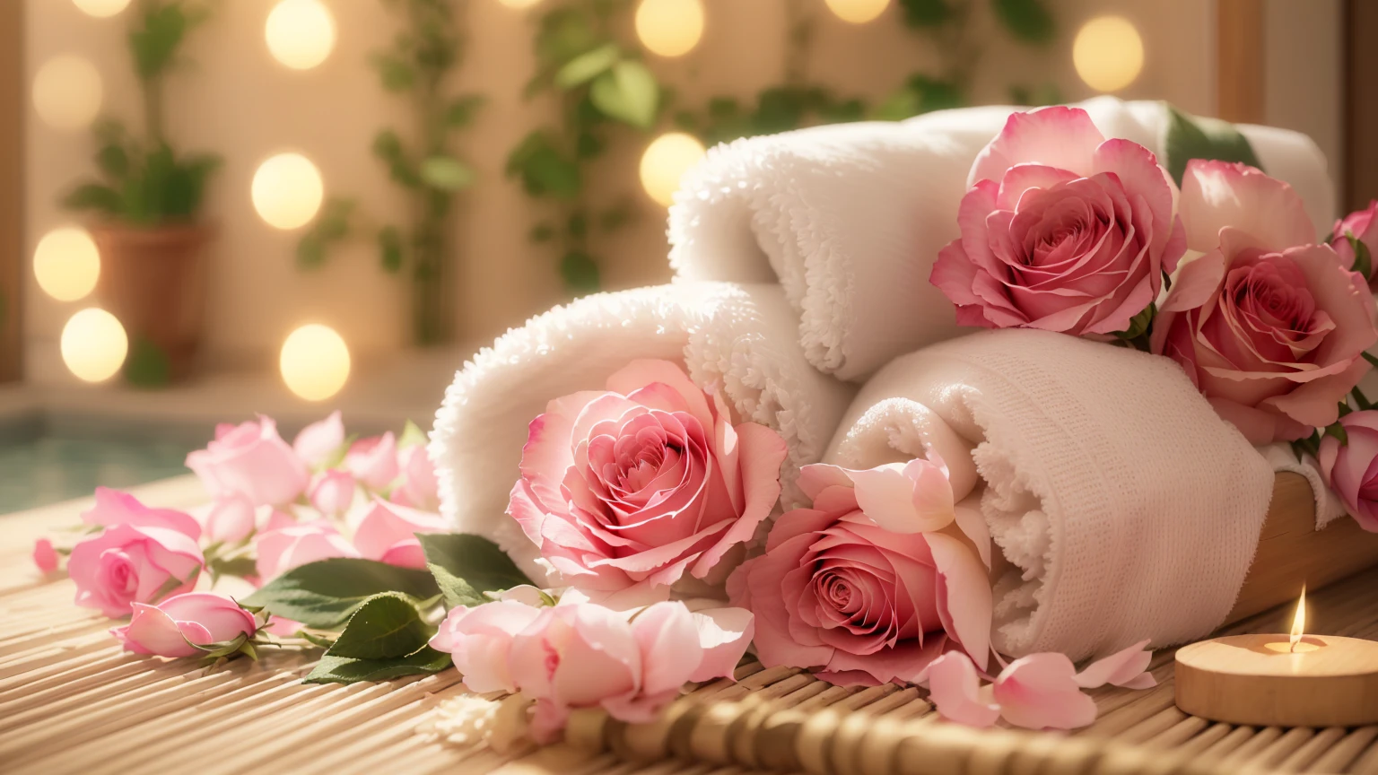 A towel and pink roses are placed on a bamboo mat with a brush, Soft glow, beautiful and soft lighting, Romantic atmosphere, Pale pink, relaxed mood, Soft morning lighting, Soft morning light, Romantic atmosphere, Roses in the Light of the Movie, Beautiful atmosphere, Beautiful soft lighting, Beautiful atmosphere, Romantic atmosphere, Soft night lighting, Soft and warm light, Relaxed atmosphere、8K