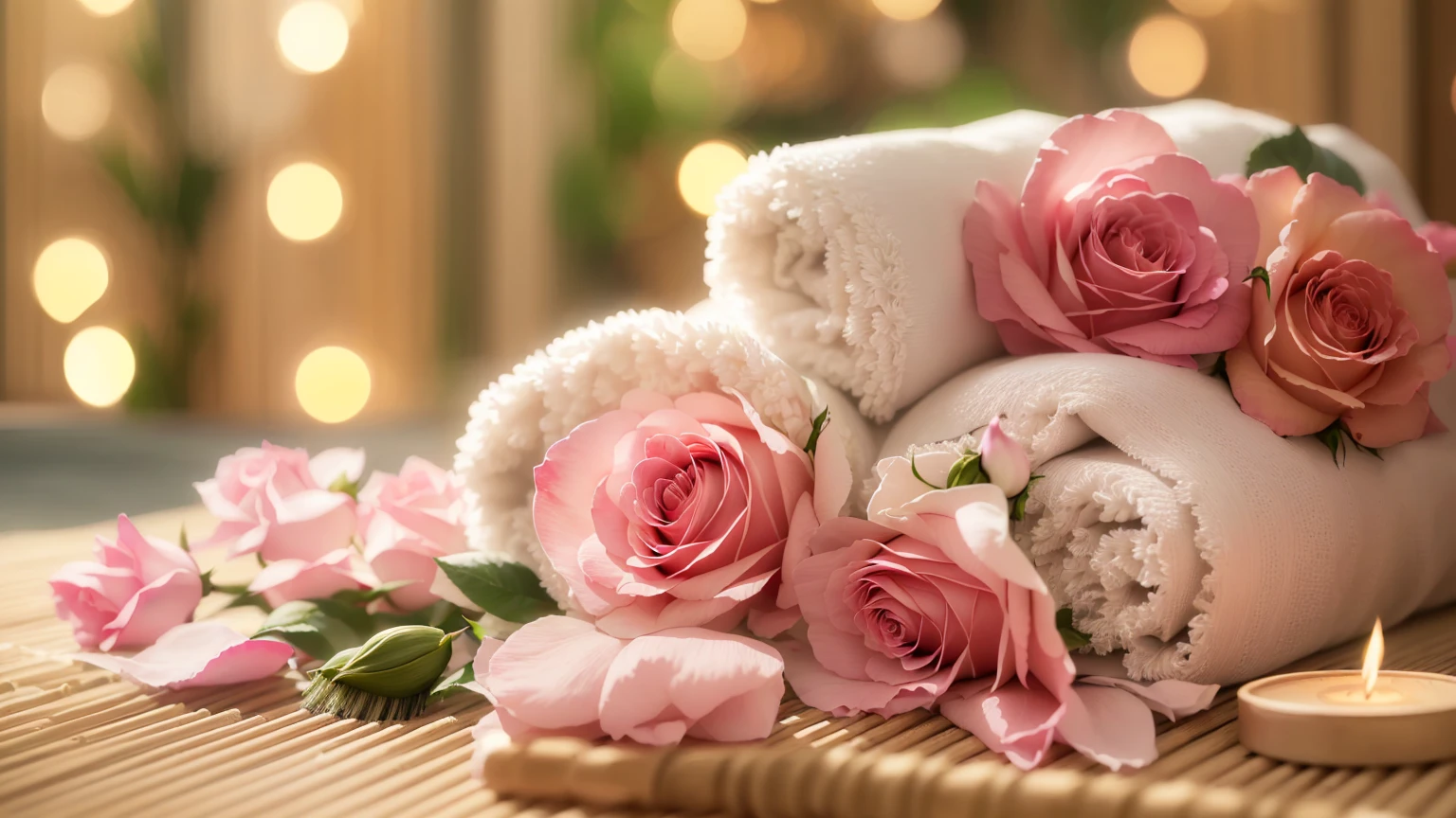 A towel and pink roses are placed on a bamboo mat with a brush, Soft glow, beautiful and soft lighting, Romantic atmosphere, Pale pink, relaxed mood, Soft morning lighting, Soft morning light, Romantic atmosphere, Roses in the Light of the Movie, Beautiful atmosphere, Beautiful soft lighting, Beautiful atmosphere, Romantic atmosphere, Soft night lighting, Soft and warm light, Relaxed atmosphere、8K