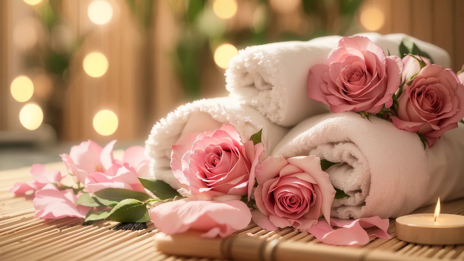 A towel and pink roses are placed on a bamboo mat with a brush, Soft glow, beautiful and soft lighting, Romantic atmosphere, Pale pink, relaxed mood, Soft morning lighting, Soft morning light, Romantic atmosphere, Roses in the Light of the Movie, Beautiful atmosphere, Beautiful soft lighting, Beautiful atmosphere, Romantic atmosphere, Soft night lighting, Soft and warm light, Relaxed atmosphere、8K