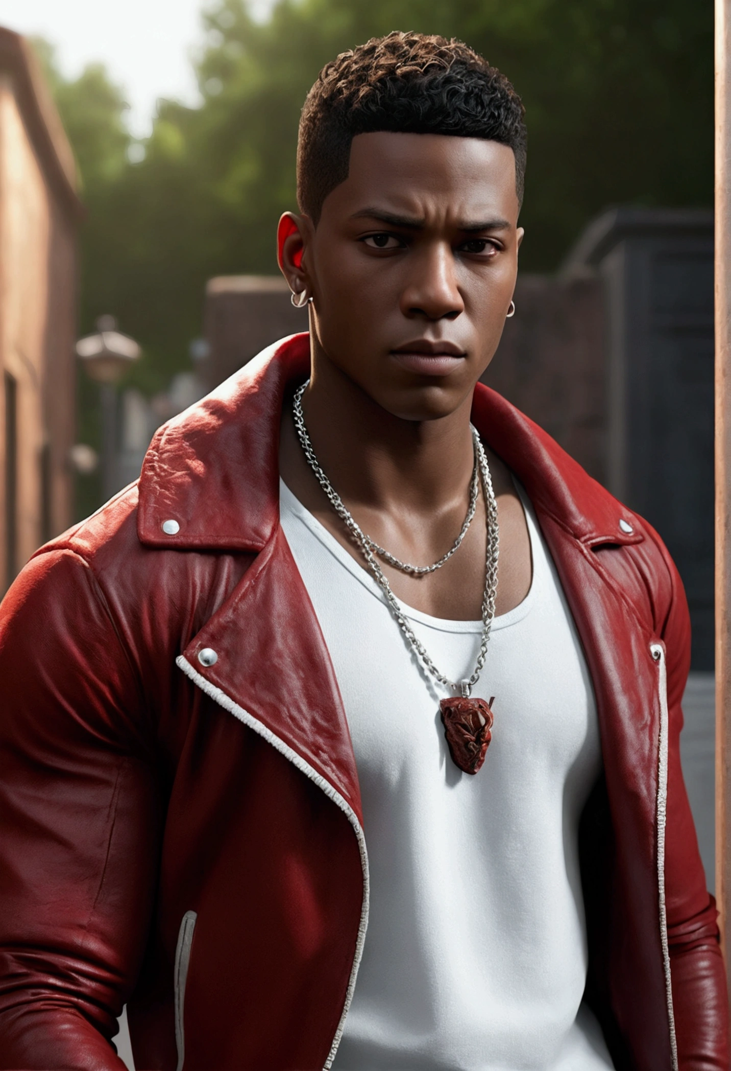 (masterpiece:1.2), (best quality), (ultra detailed), (8k, 4k, intricate),(half-body-shot:1), (highly detailed:1.2),(detailed face:1.2), (detailed background),detailed landscape, (dynamic angle:1.2) black skinned adult male, late 20s, street thug, A black teenager, character, very tall, muscular, with short hair, brown eyes, solo, 1boy, he has a burn mark in the left side of his face. He is wearing a white tank top and dark red unzipped jacket, his leg wear consists of blue jeans, dark sneakers and a silver necklace.(((black:1.5, red:1.1, white:1.3))) Semirealistic style, masterpiece, best quality, 8k, artstation, sharp focus, high details