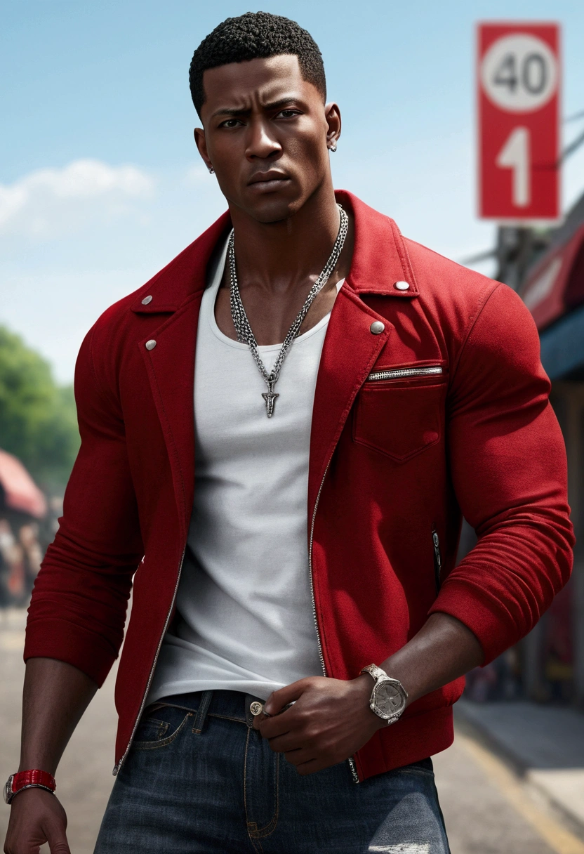 (masterpiece:1.2), (best quality), (ultra detailed), (8k, 4k, intricate),(half-body-shot:1), (highly detailed:1.2),(detailed face:1.2), (detailed background),detailed landscape, (dynamic angle:1.2) black skinned adult male, late 20s, street thug, A black teenager, character, very tall, muscular, with short hair, brown eyes, solo, 1boy, he has a burn mark in the left side of his face. He is wearing a white tank top and dark red unzipped jacket, his leg wear consists of blue jeans, dark sneakers and a silver necklace.(((black:1.5, red:1.1, white:1.3))) Semirealistic style, masterpiece, best quality, 8k, artstation, sharp focus, high details