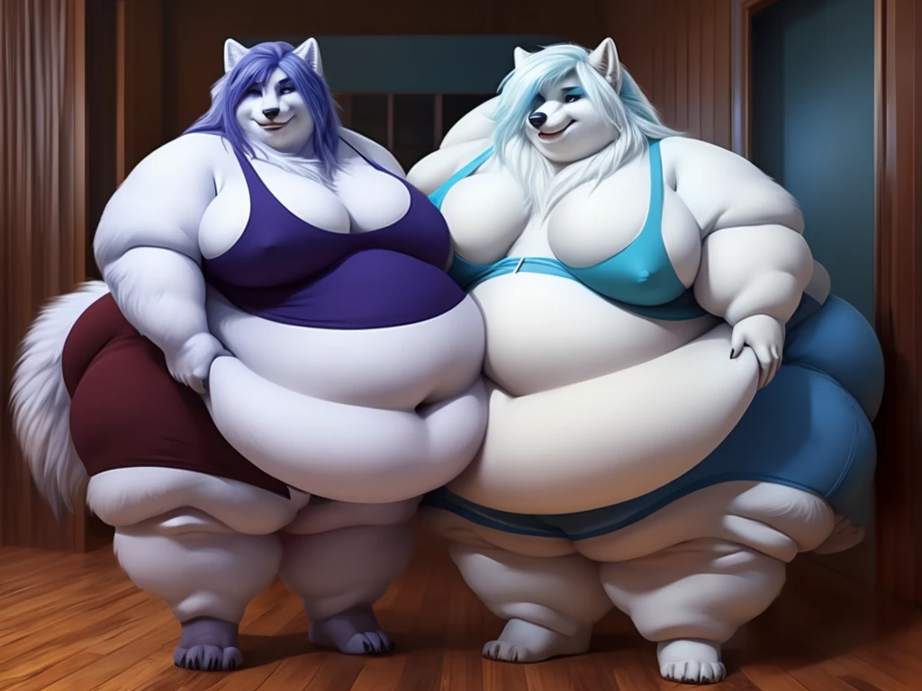 Arctic fox, female, long white messy hair,messy hair , huge hips, huge breasts, huge thighs, morbidly obese huge bushy tail, bushy tail, bushy fur, eyelashes, voluptuous, plump, gorgeous, beautiful,duo,siberian background,lesbians, very fluffy fluffy, , belly rolls, fat rolls, belly overhang ,rolled up tail 