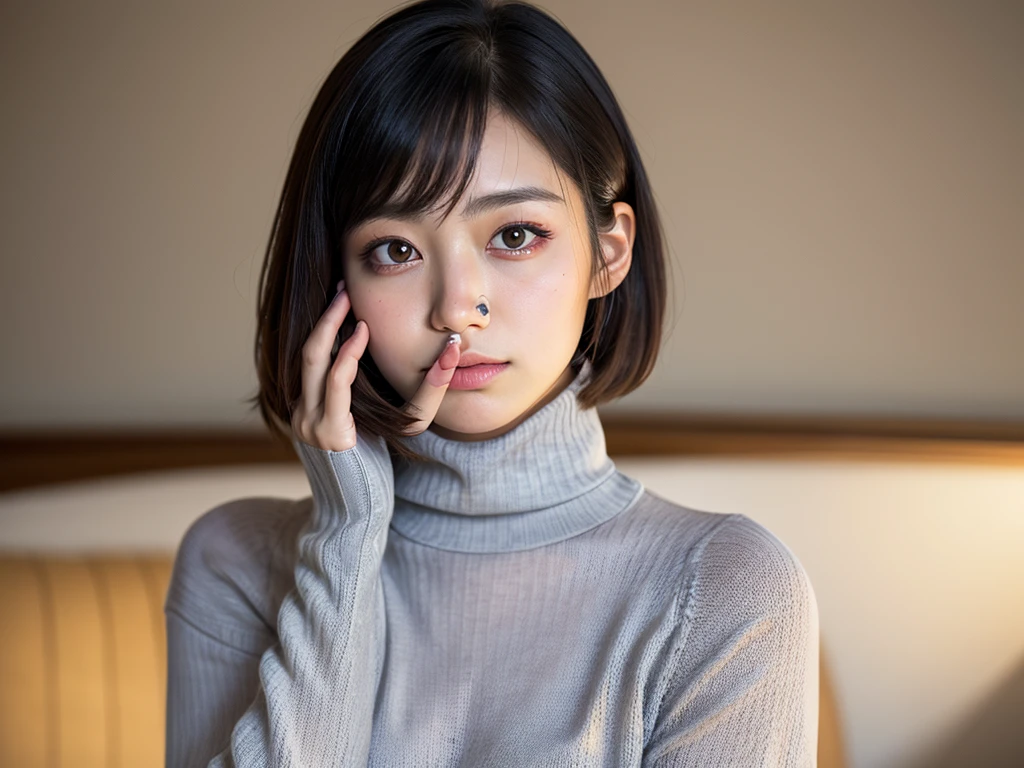 (((masterpiece, best quality,ultra-detailed,8k,high resolution))), (upper body),24 years old ,Japanese girl, 1girl, short hair,(Cover face with a turtleneck sweater:1.8),grabbing turtleneck collar