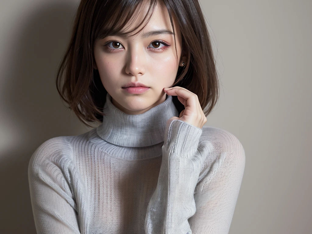 (((masterpiece, best quality,ultra-detailed,8k,high resolution))), (upper body),24 years old ,Japanese girl, 1girl, short hair,(Cover face with a turtleneck sweater:1.8),grabbing turtleneck collar