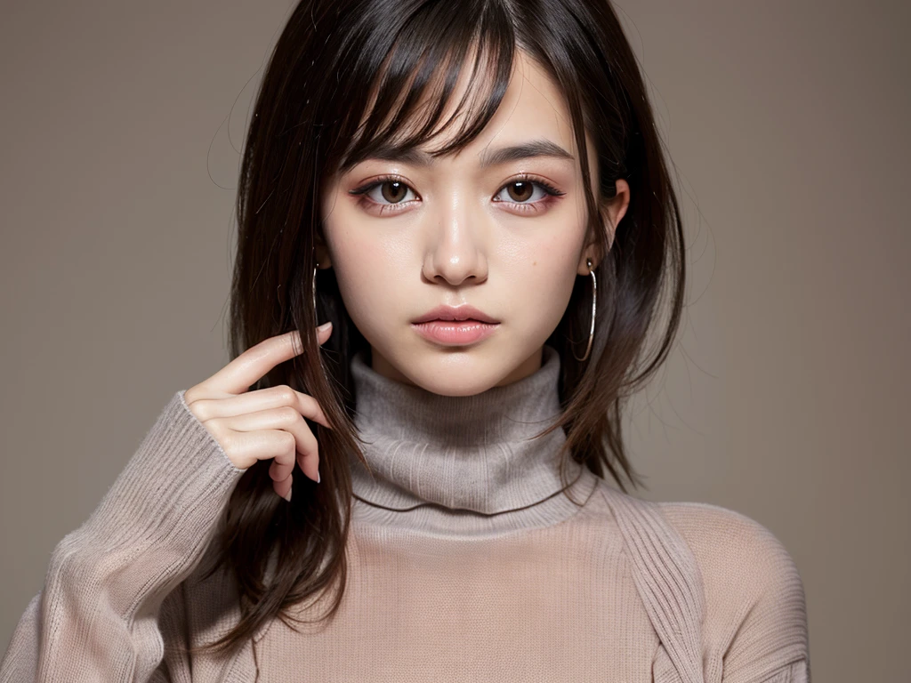 (((masterpiece, best quality,ultra-detailed,8k,high resolution))), (upper body),24 years old ,Japanese girl, 1girl, short hair,(Cover face with a turtleneck sweater:1.8),grabbing turtleneck collar