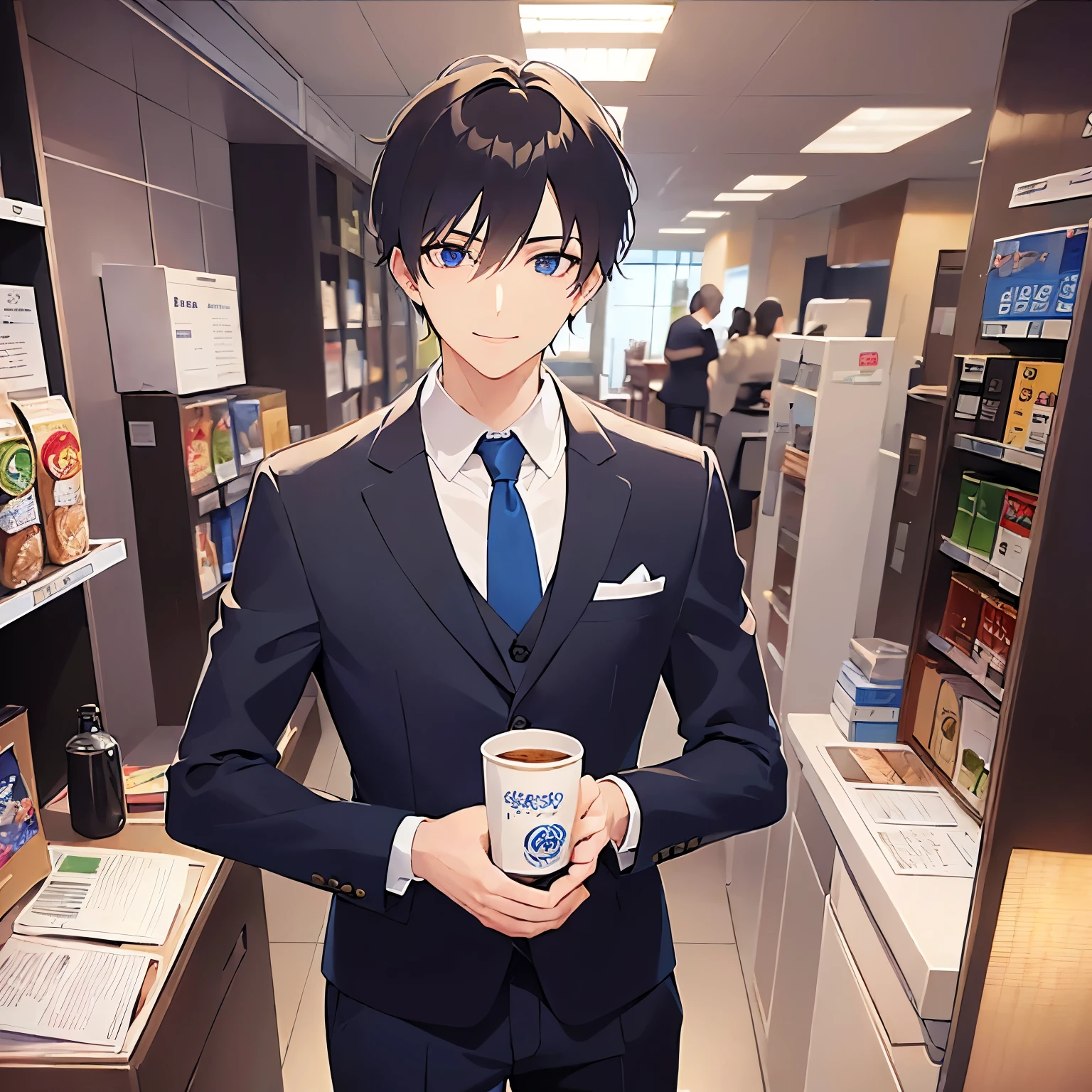  (looking at viewer:1.5), upper body、
masterpiece、Highest quality、
(25-year-old male:1.5) and(Black short hair) and (blue eyes), 
(suit:1.5) and (Blue tie）(suit:1.5) and (Blue tie）、
smile,  The background is the break room、Alone、Have a paper cup