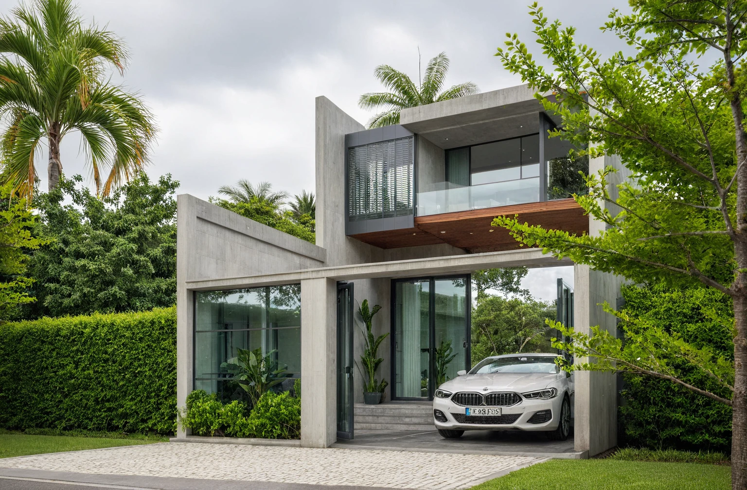 A wide angle shot shows the front view of a contemporary one-story villa with white walls and glass windows, design by Tadao ando,surrounded by lush greenery. It features an outdoor pool area overlooking the ocean at natural light. Stone pathways lead to multiple pools within the yard, adorned with vibrant tropical plants,architecture photography award, iwan baan, Taken on a Canon EOS R5 using a Canon RF 24-70mm f/2.8L IS USM lens at an F3.2 aperture setting in the style of Canon --ar 16:9 --c 5 --s 50 --v 6.0