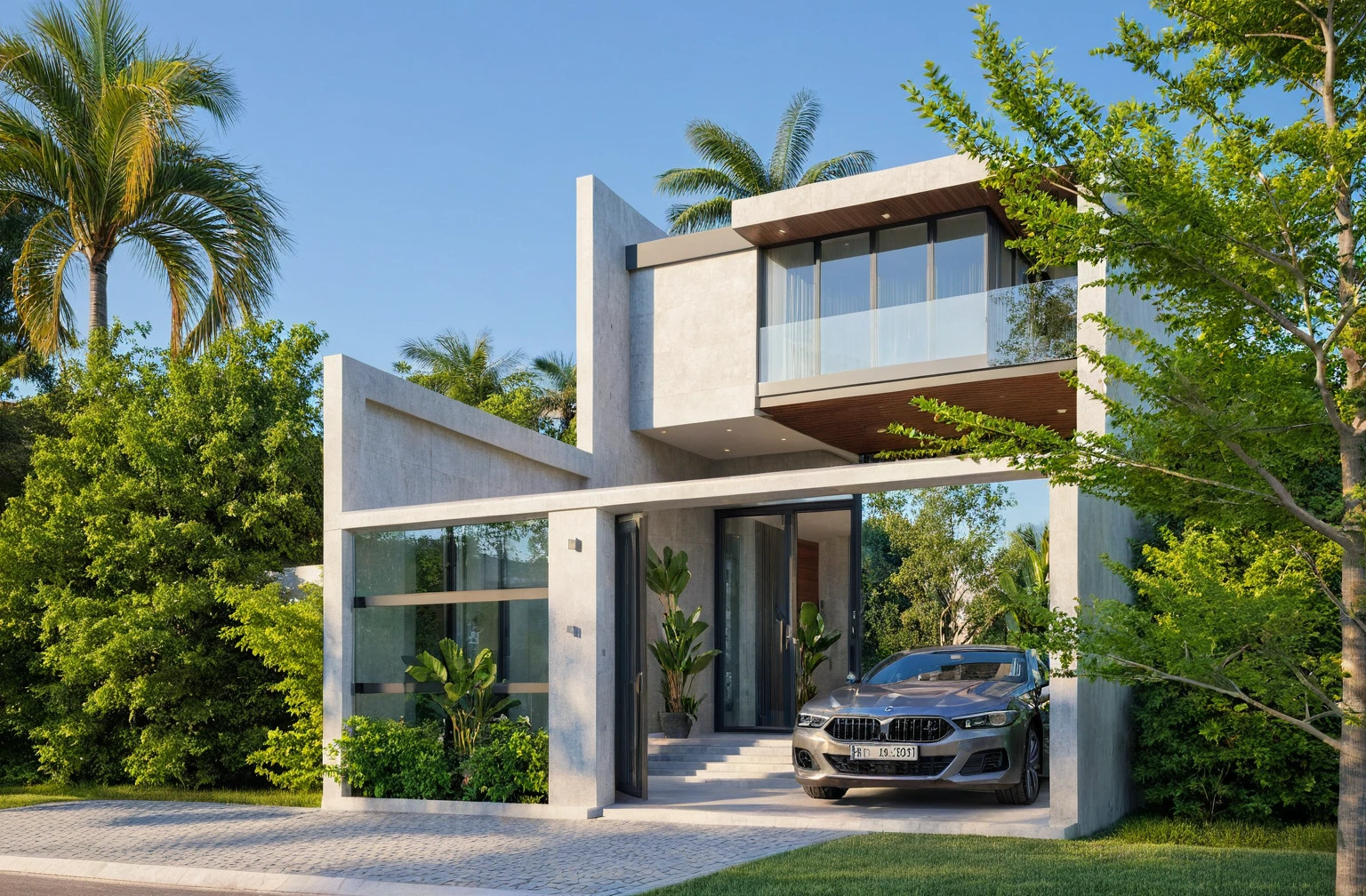 A wide angle shot shows the front view of a contemporary one-story villa with white walls and glass windows, design by Tadao ando,surrounded by lush greenery. It features an outdoor pool area overlooking the ocean at natural light. Stone pathways lead to multiple pools within the yard, adorned with vibrant tropical plants,architecture photography award, iwan baan, Taken on a Canon EOS R5 using a Canon RF 24-70mm f/2.8L IS USM lens at an F3.2 aperture setting in the style of Canon --ar 16:9 --c 5 --s 50 --v 6.0