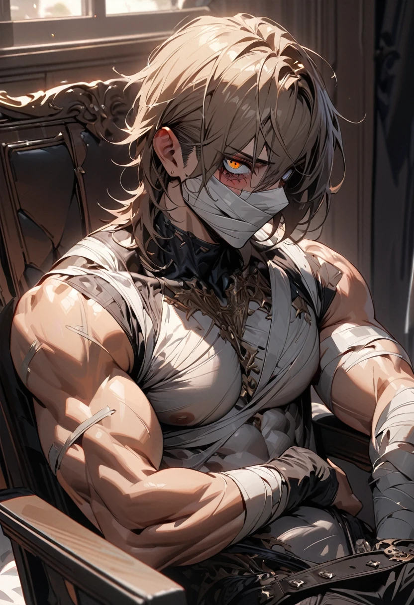 Edgy, 1boy, high red, ultra detailed, (Detailed face), (detailed eyes), adhesive bandage over face, bandages over wrists, best quality, hyper detailed, masterpiece, lean physique, dark blonde hair, bedroom, sitting on chair, upper body